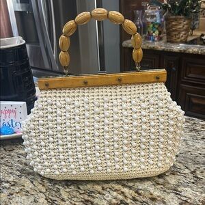 Vintage Cream and Brown Woven Shoulder Bag with Beaded Handle